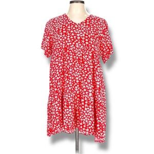 Chances R Short Sleeve V-Neck Tiered Red With White Floral Print Mini Dress